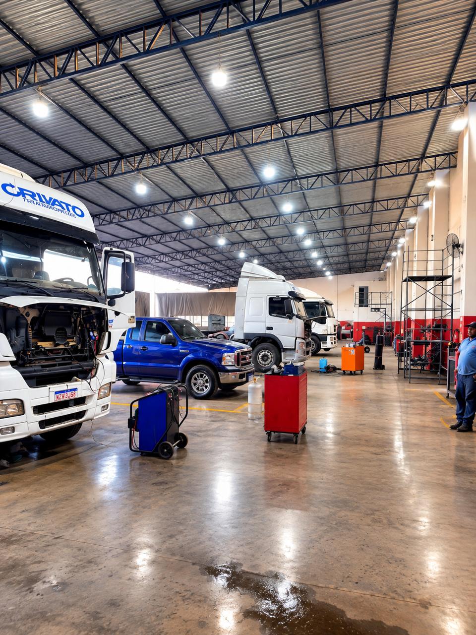 Interior da oficina de Rondonópolis com caminhões em atendimento